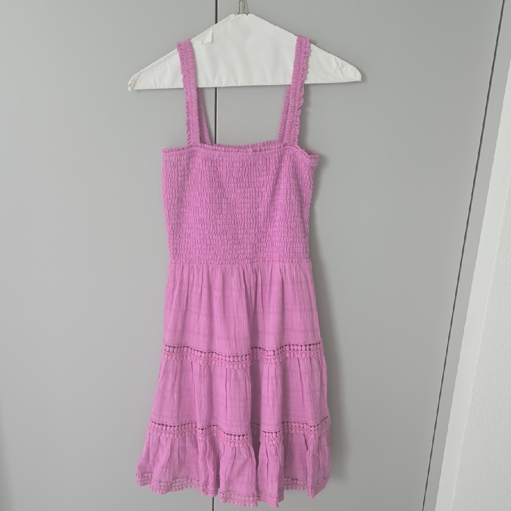 Steve Madden Lavender-Pink Smocked Midi Dress with Crochet Tiers